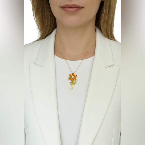 AIG Certified 5.20ct Natural Citrine Peridot Zirconia Floral Brooch - 18K Gold - Picture 3 of 8